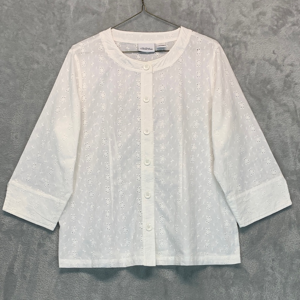 Vermont County Store Blouse White Eyelets Shacket Top Cotton Button Down Size M